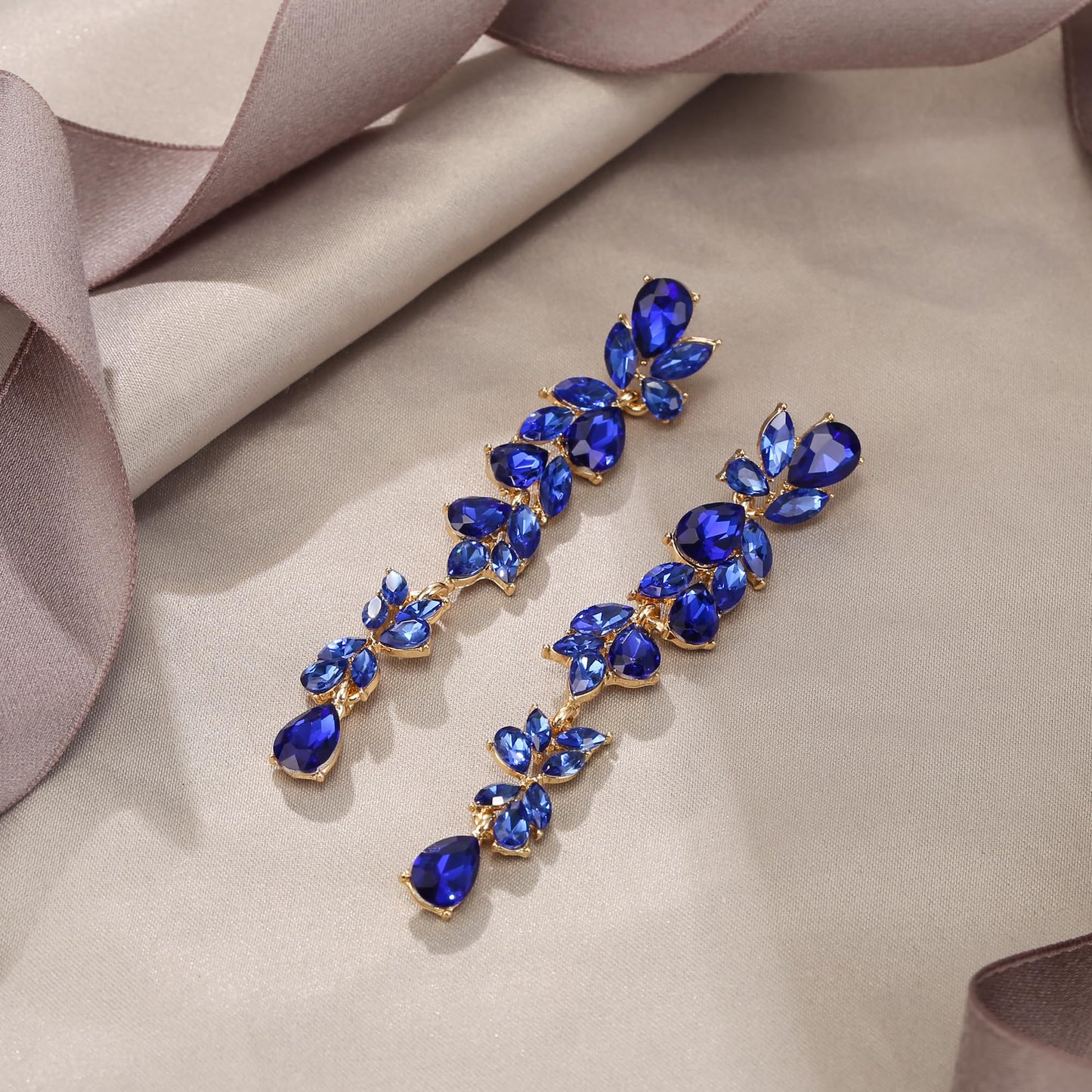 EVER FAITH Banquet Rhinestone Crystal Chandelier Dangle Earring for Women Brides, Art Deco Marquise Teardrop Bridal Long Drop Earrings for Prom Royal Blue Gold-Plated-Base