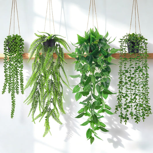 Der Rose 4Pcs Fake Plants Hanging Artificial Ivy Vine Faux Eucalyptus Hanging Plants, Boston Fern, String of Pearls for Living Room Aesthetic Bedroom Boho Kitche Wall Shelf Indoor Outdoor Decor