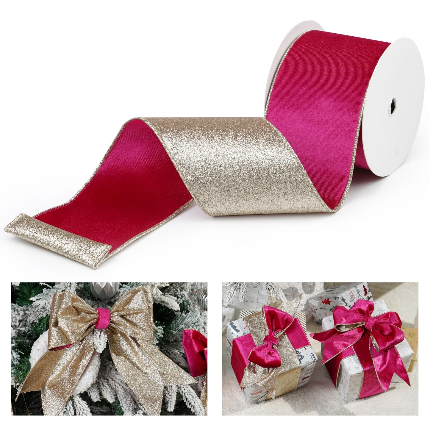 LIZLOVESS Hot Pink Velvet Wired Ribbon with Glitter Back 4 Inch Pink and Gold Christmas Ribbon Wired Fuschia Ribbon for Christmas Tree Decorations, Gift Wrapping, Wreaths Supplies, Bows (10 Yards)