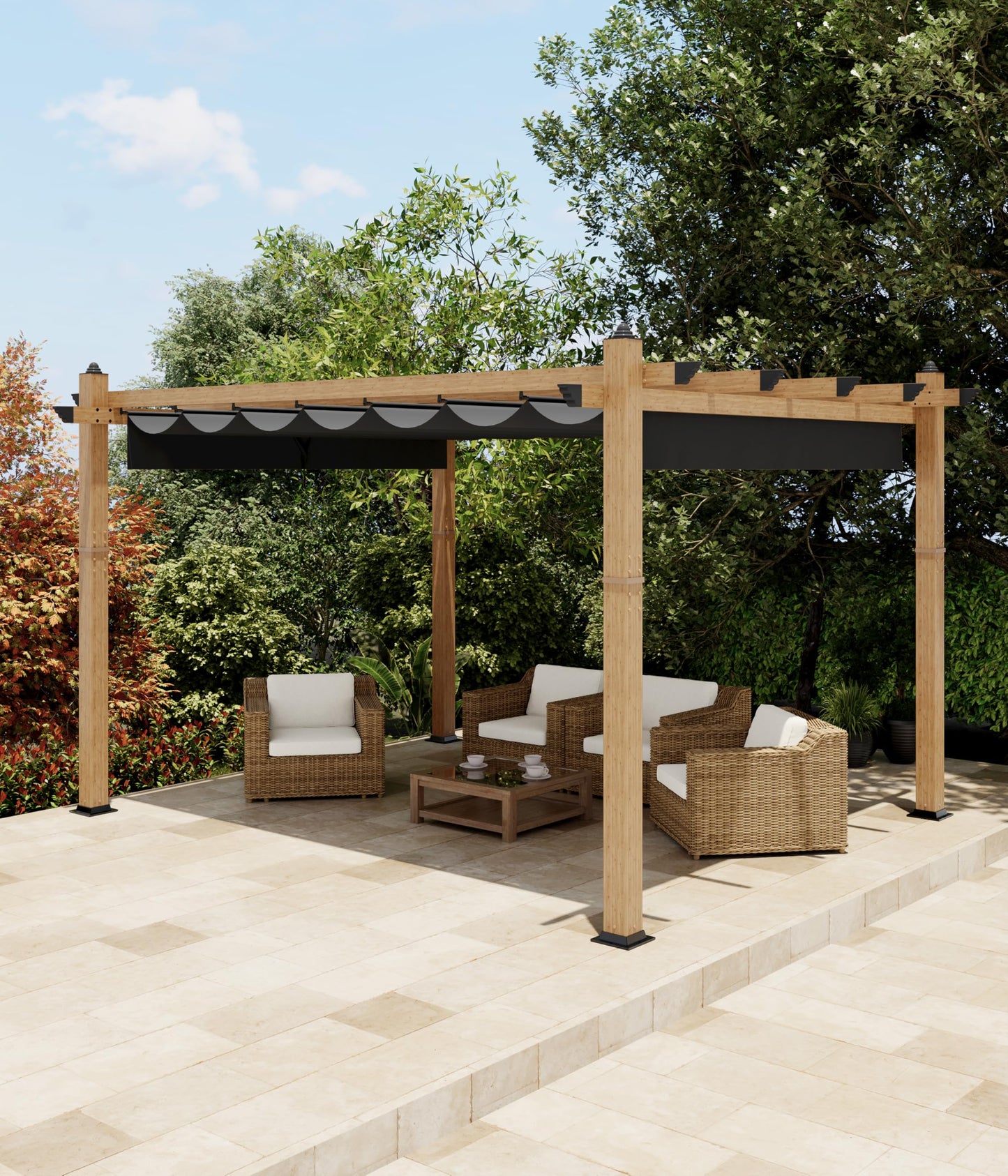KYBOLT 10x13 Ft Outdoor Pergola with Retractable Canopy Upgraded Aluminum Imitation Wood Grain Metal Patio Pergola for Modern Backyard Deck Porch Grape Trellis(Gray)