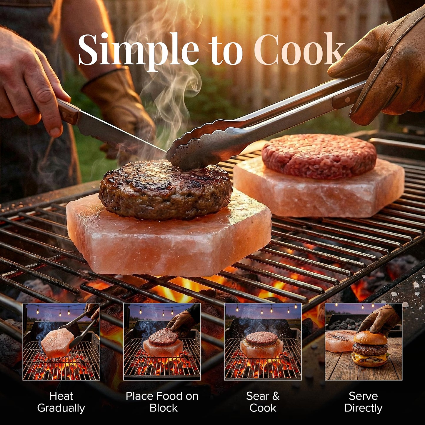 UMAID Sizzle Block™ Himalayan Salt Block for Burgers – 4 Pack Grill Cooking Stone – Even Searing for Juicy, Crispy Burgers – Food Grade Salt Slab for BBQ, Grilling, Oven & Stovetop with Recipe Booklet