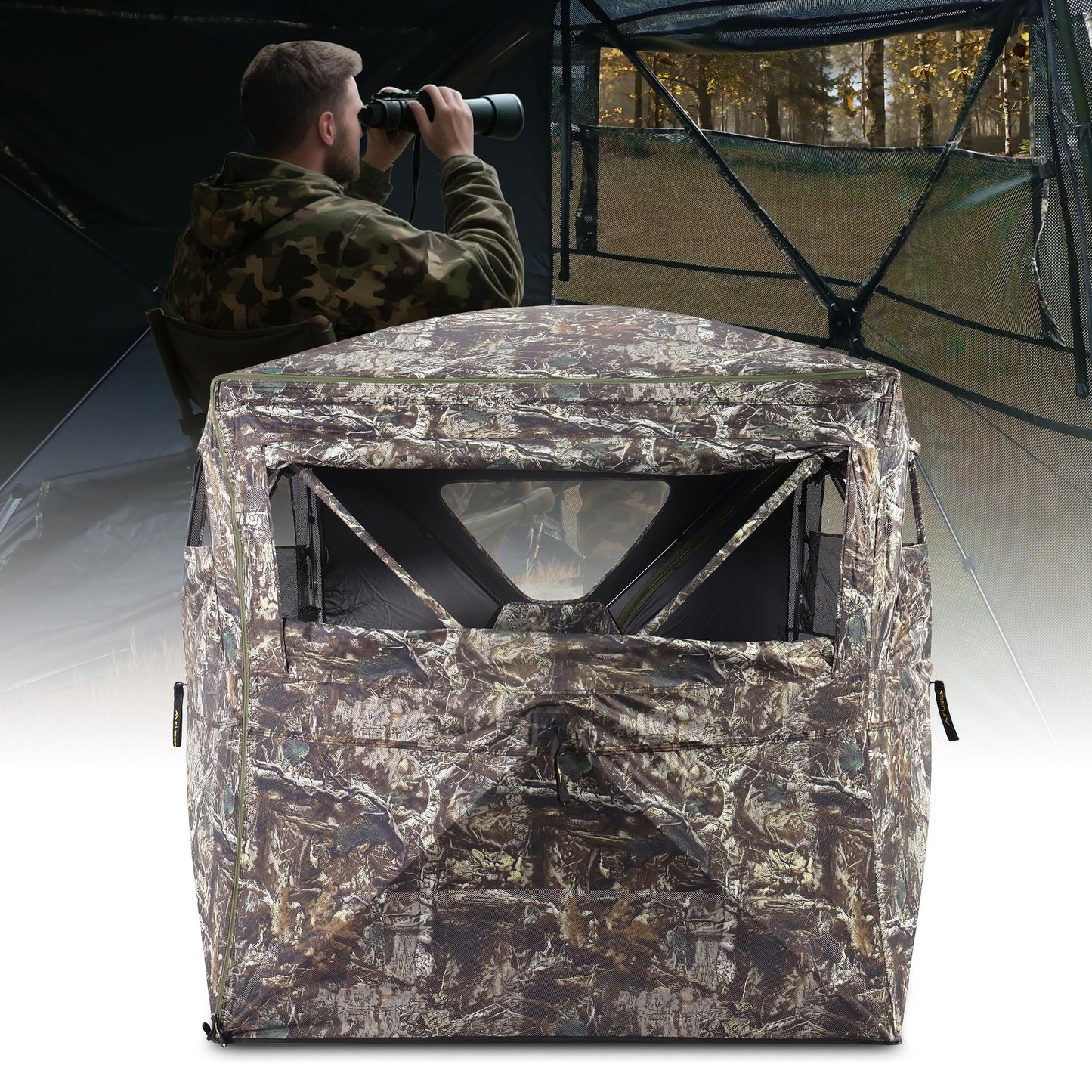 FLISSA Hunting Blind See-Through with Full-Opening Door, 2-3 Person Ground Camouflage Tent, 270 Degree, Portable and Durable 300D Reinforced Blind for Turkey, Deer, and Bear