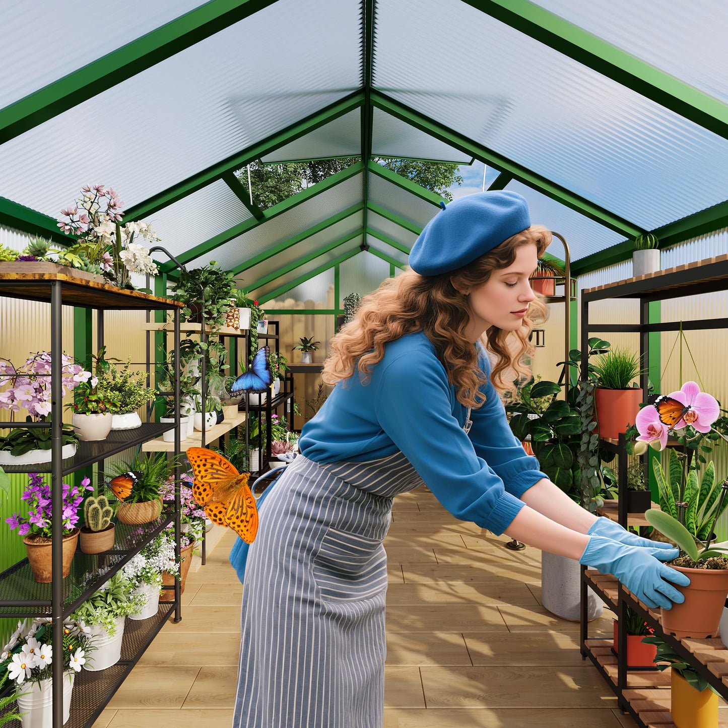 6X6 Ft Polycarbonate Greenhouse Sunroom with Aluminum Frame, Outdoor Greenhouse for Vegetables Herbs Flowers, Lockable Door & Adjustable Roof Vent, Patio Backyard Greenhouse Kit for Gardening, Green