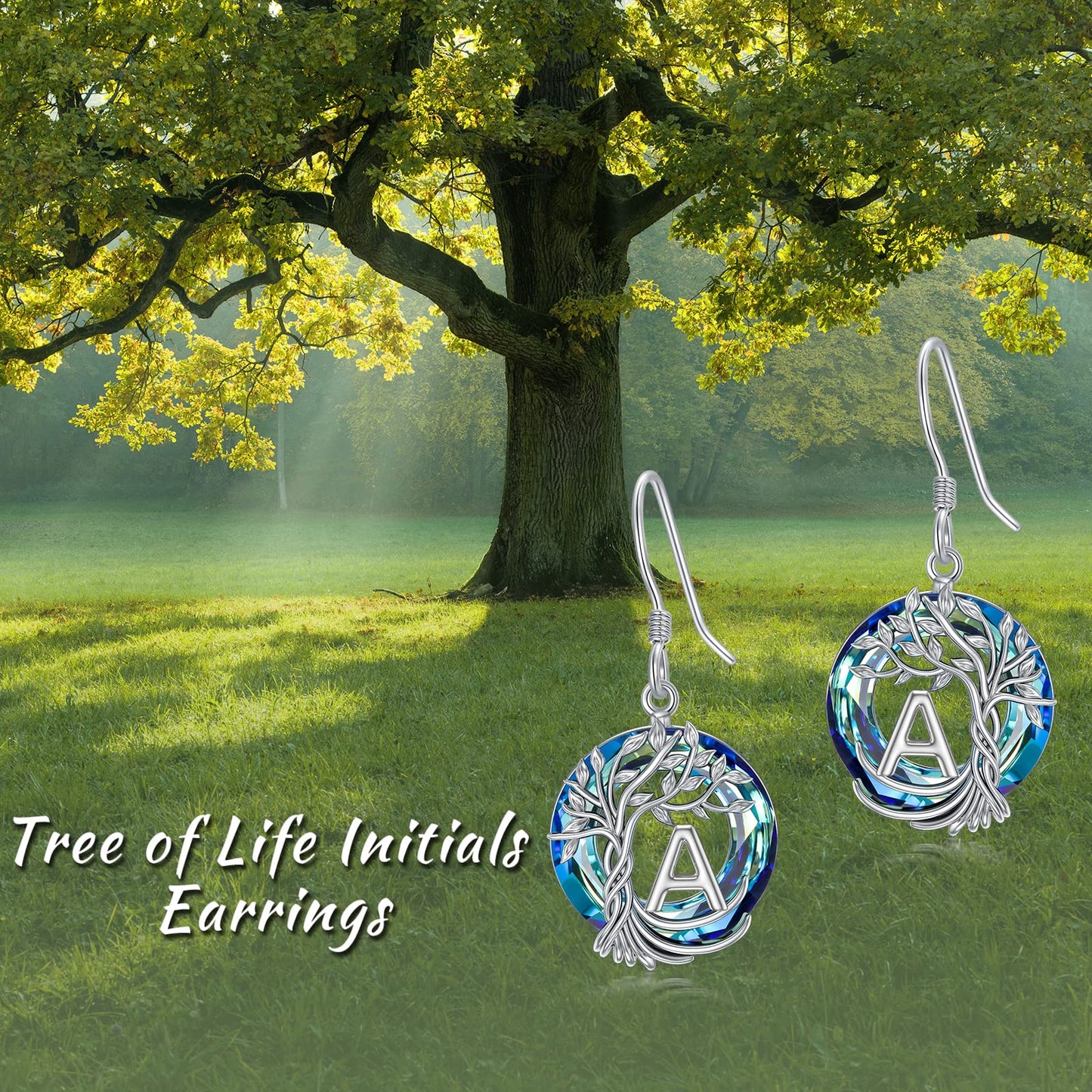 TOUPOP Tree of Life Initial Earrings Sterling Silver Initial A Letter Drop Dangle Earrings Blue Circle Crystal Family Tree Jewelry Birthday Mothers Day Gifts for Women Mom Her