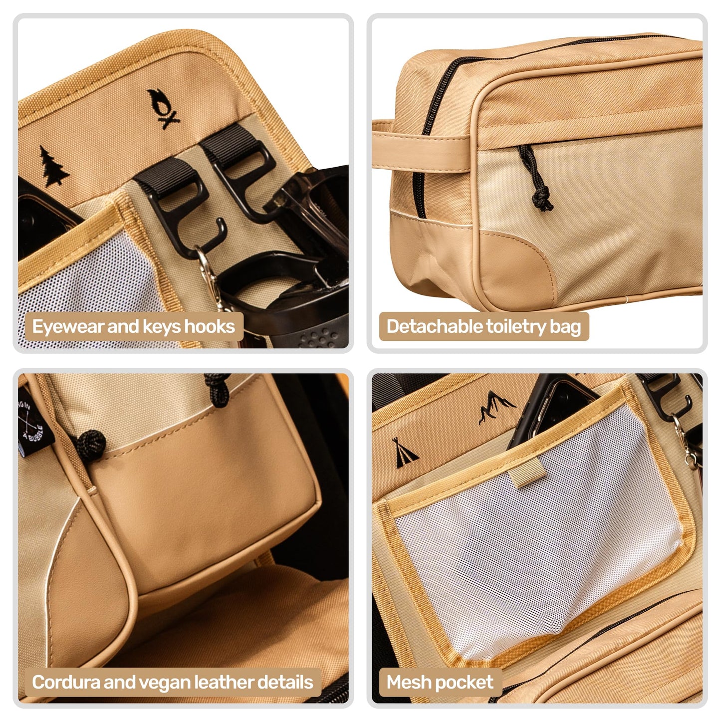 Living in a Bubble Seat back Organizer – Magnetic Toiletry and Cooler Pouch, Cordura Car Backseat Storage with Device Holder & Hooks, Multi-Compartment Utility Bag for Campervans & Family Travel