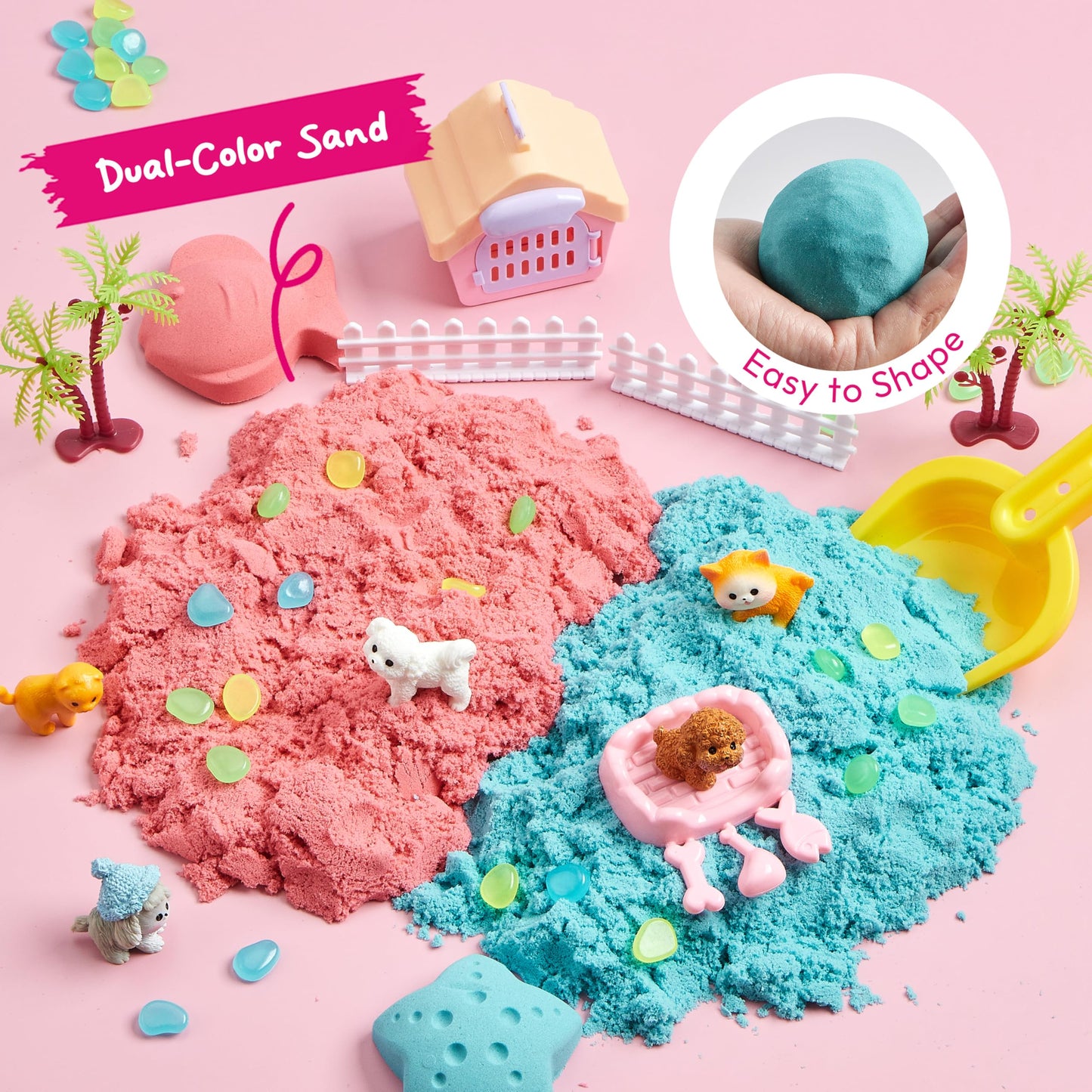 JOVA Klever Kits Cute Pet Sensory Bin for Toddlers with Glow in The Dark Stones, Sandbox with Lid Dual-Color Sand, Preschool Learning Activities Gifts for Boys Girls Age 3+