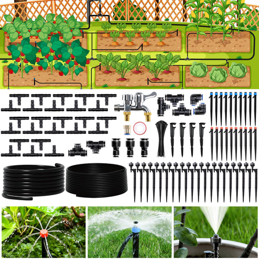 IRRIGARDENER Drip Irrigation System for Garden, Automatic Garden Watering System with 180FT 1/2” & 1/3” Tubing, Dual Faucet, Adjustable Nozzle Emitters for Garden, Greenhouse, Lawn, Potted Plants