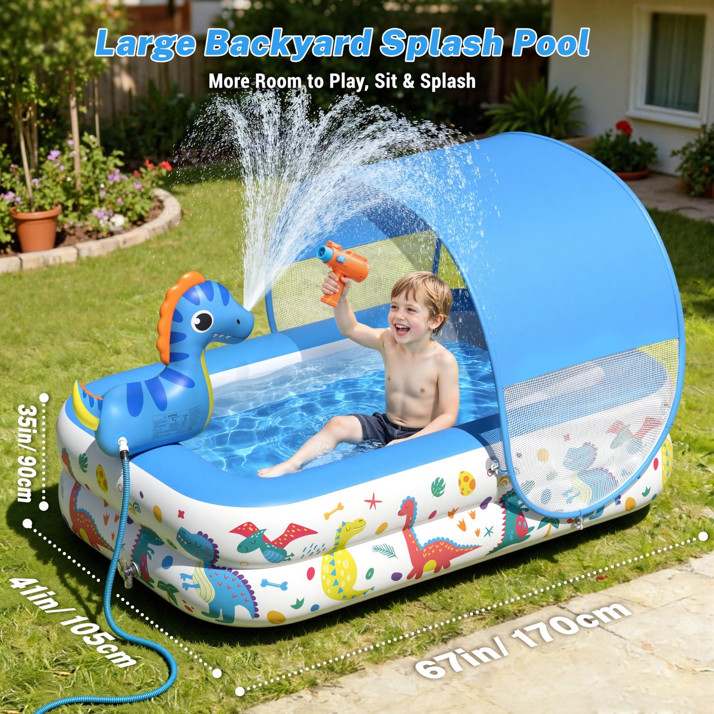 JOSEN Dinosaur Kiddie Pool with Canopy and Sprinkler, Inflatable Baby Pool with Soft Cushioned Floor, Portable Toddler Blow Up Pool Ball Pit for Backyard, Outdoor/Indoor Play Toys
