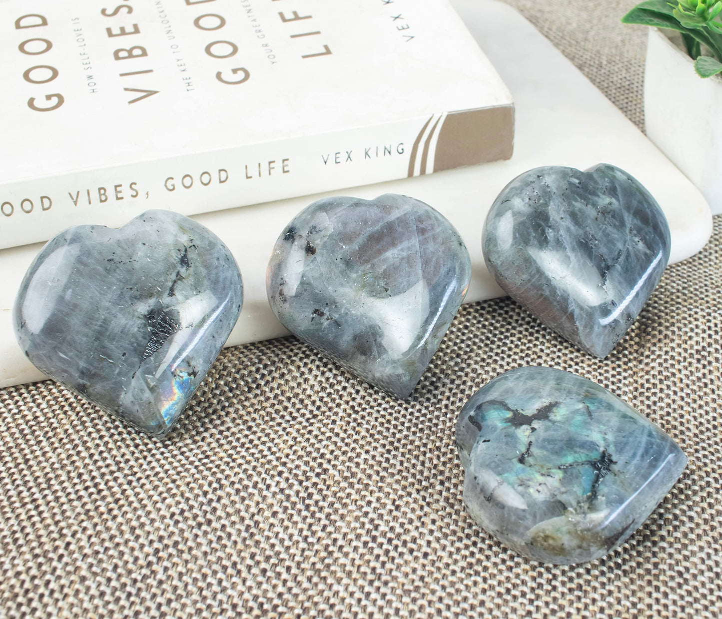 Crocon 50mm Purple Labradorite Heart stone Big Heart Shape Puff Stones Set 450+ Carats Pocket Crystal Healing Tumble Collection Palm Worry Stone Good Luck Charm Meditation Gift Craft Home Decor