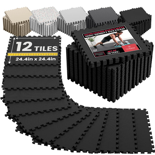 bemaxx Gym Mats Set - 12 pcs EVA Interlocking Foam Floor Tiles (24.4"x24.4"x0.4") 48 sqft Protective Gym Flooring Sports Home Workout Exercise Mats Puzzle Garage Fitness Play-Room Pool Treadmill Bike