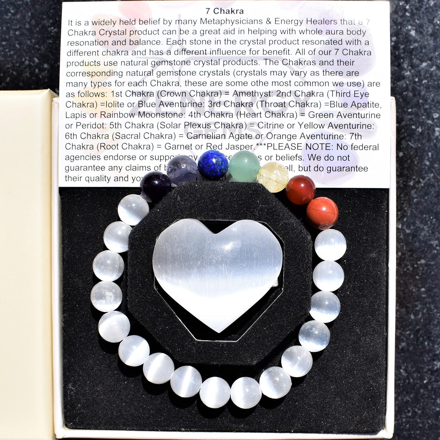 Zenergy Gems Charged Premium Natural 7 Chakra Selenite Crystal 8mm Bead Bracelet + Moroccan Selenite Charging Crystal [Included]