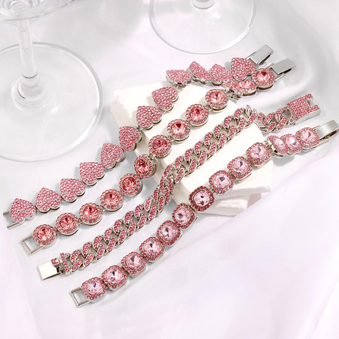 shopbyskyler 4PCS Gold Bracelets for Women Silver Clustered Tennis Bracelet for Women Heart Round Diamond Cuban Bracelet Layered Link Bracelet Set Fashion Jewelry for Women Set (Pink, 8inch)