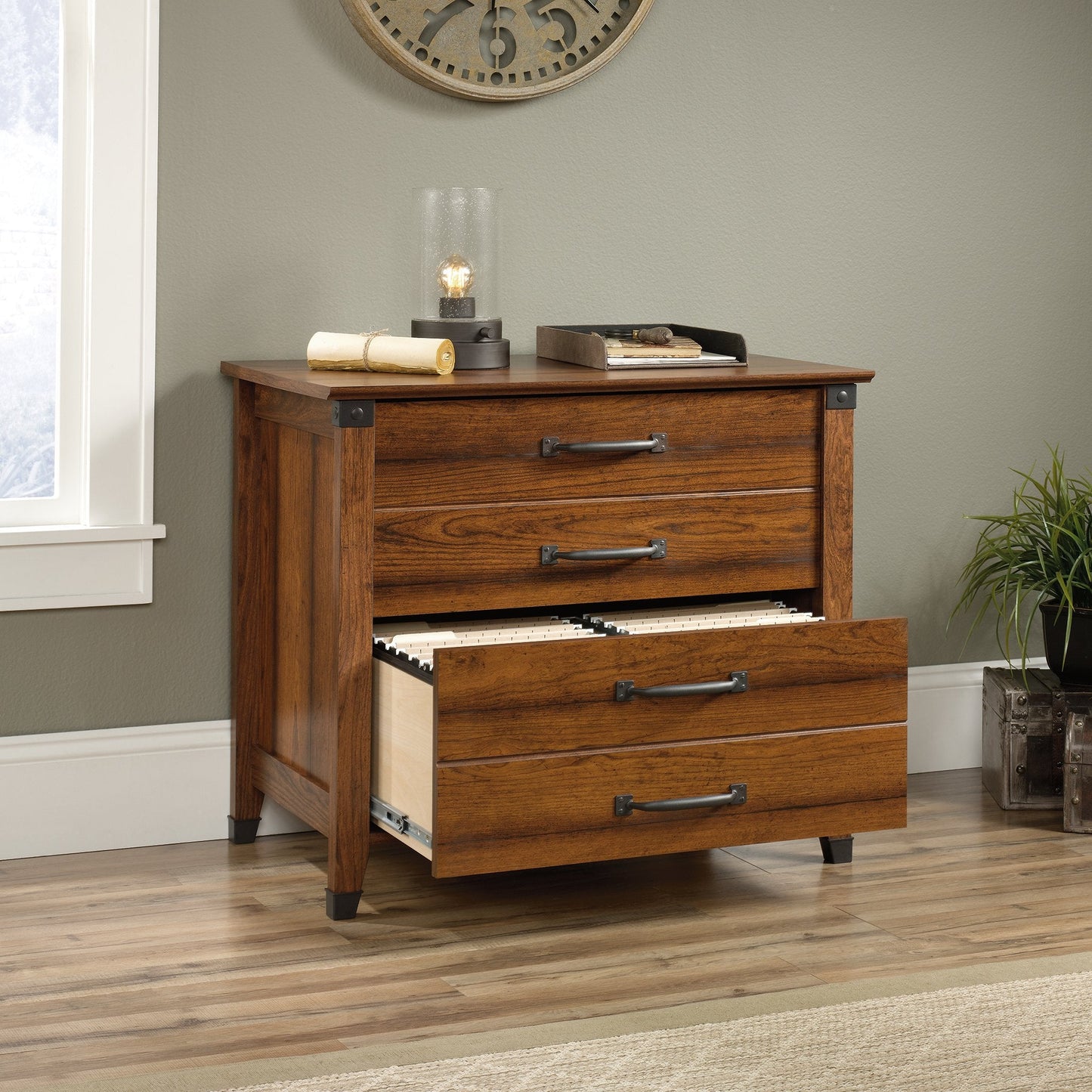 Sauder Carson Forge 2 Drawer Lateral File Cabinet, Rustic Vintage Style Filing Drawers, in Washington Cherry