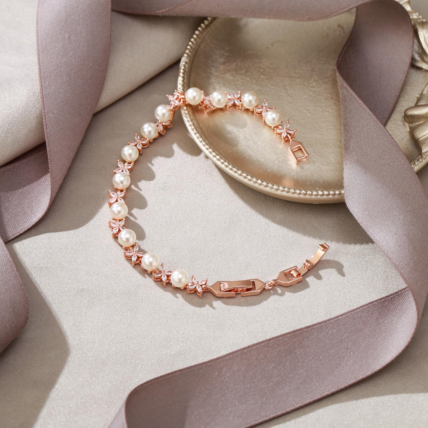 EVER FAITH Wedding Jewelry for Bride White Marquise Cubic Zirconia Cream Faux Pearl Floral Bridal Prom Tennis Bracelet for Women Clear Rose Gold-Plated-Brass