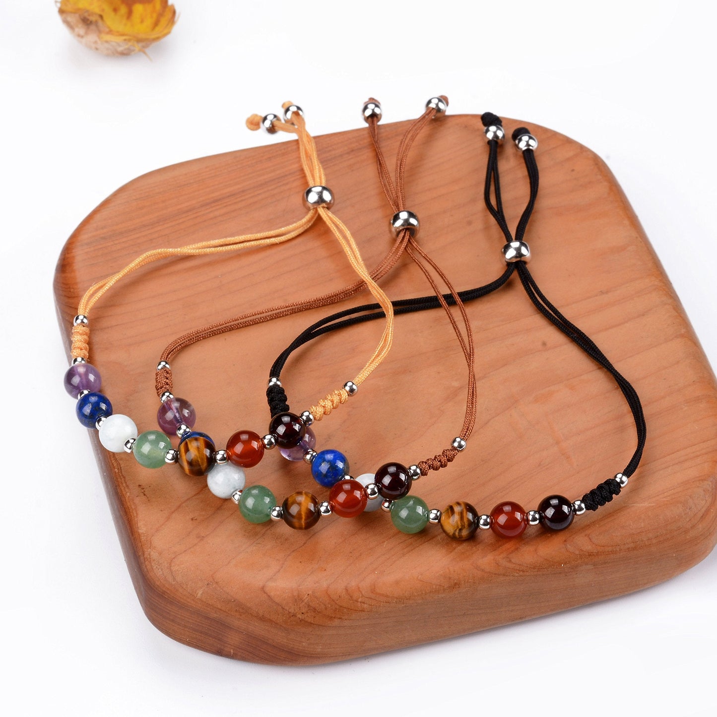 Cherry Tree Collection Natural Gemstone Chakra Bracelet | Adjustable Size Nylon Cord | 6mm Beads, Silver Spacers | 6.0-7.5" (Gold-Medium)