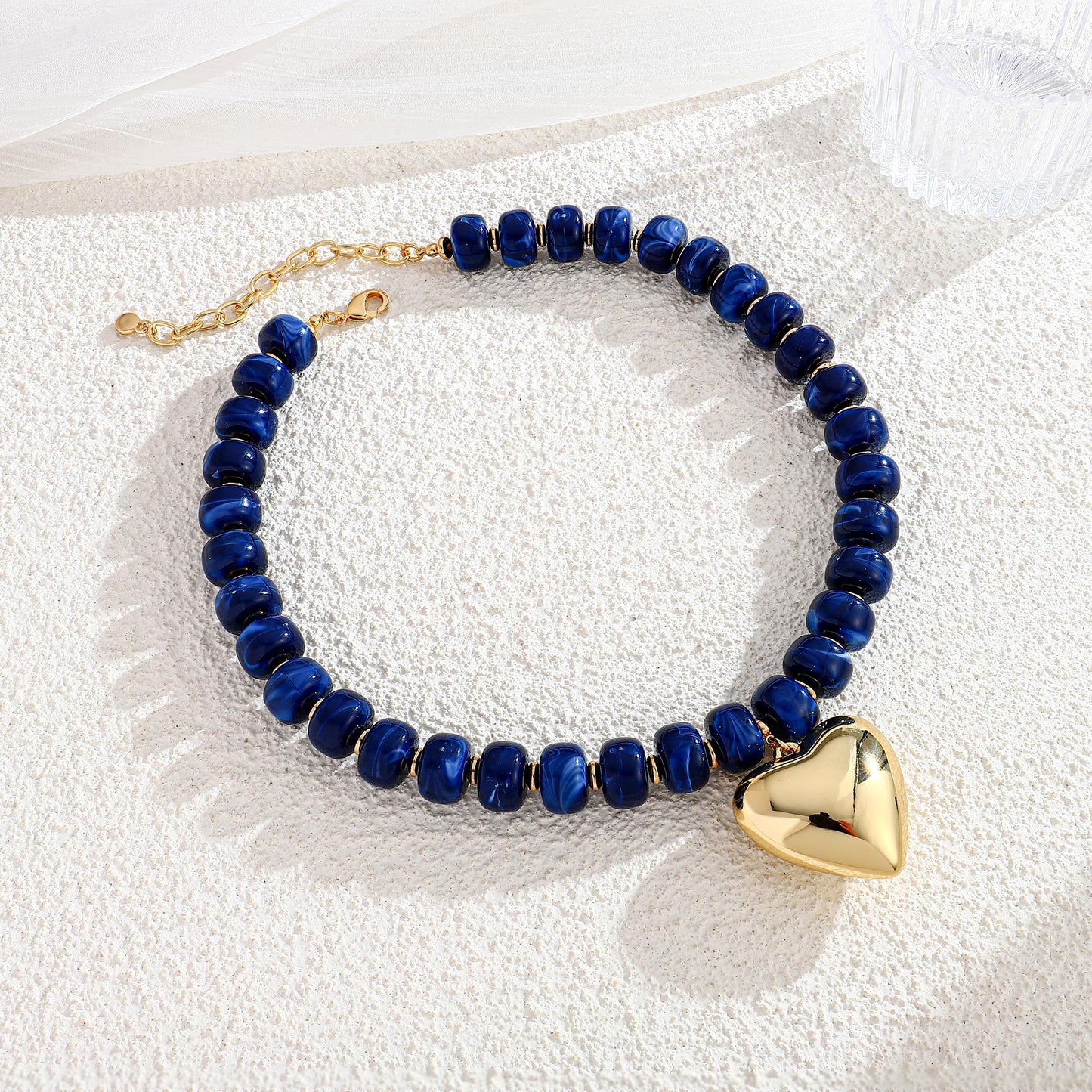 ENSKEFEN Big Gold Heart Pendant Necklaces for Women Chunky Resin Acrylic Beaded Choker Necklace Statement Dark Blue Beads Necklace Bold Fashion Jewelry