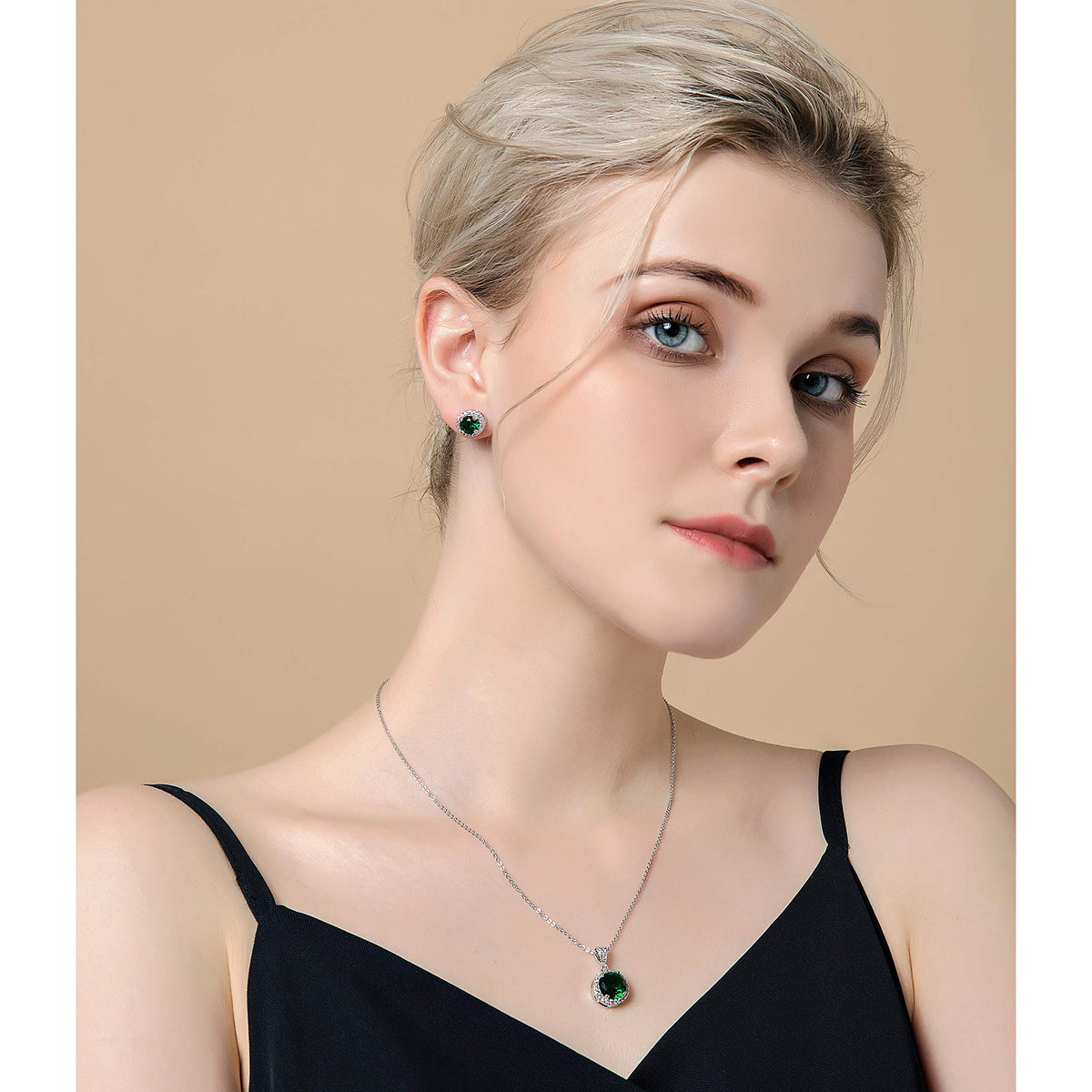 AMYJANE Emerald Necklace and Earrings Set - 14k White Gold Plated Green Round Cubic Zirconia Crystal Pendant and Halo Stud Earrings - May Birthstone Fashion Jewelry for Women