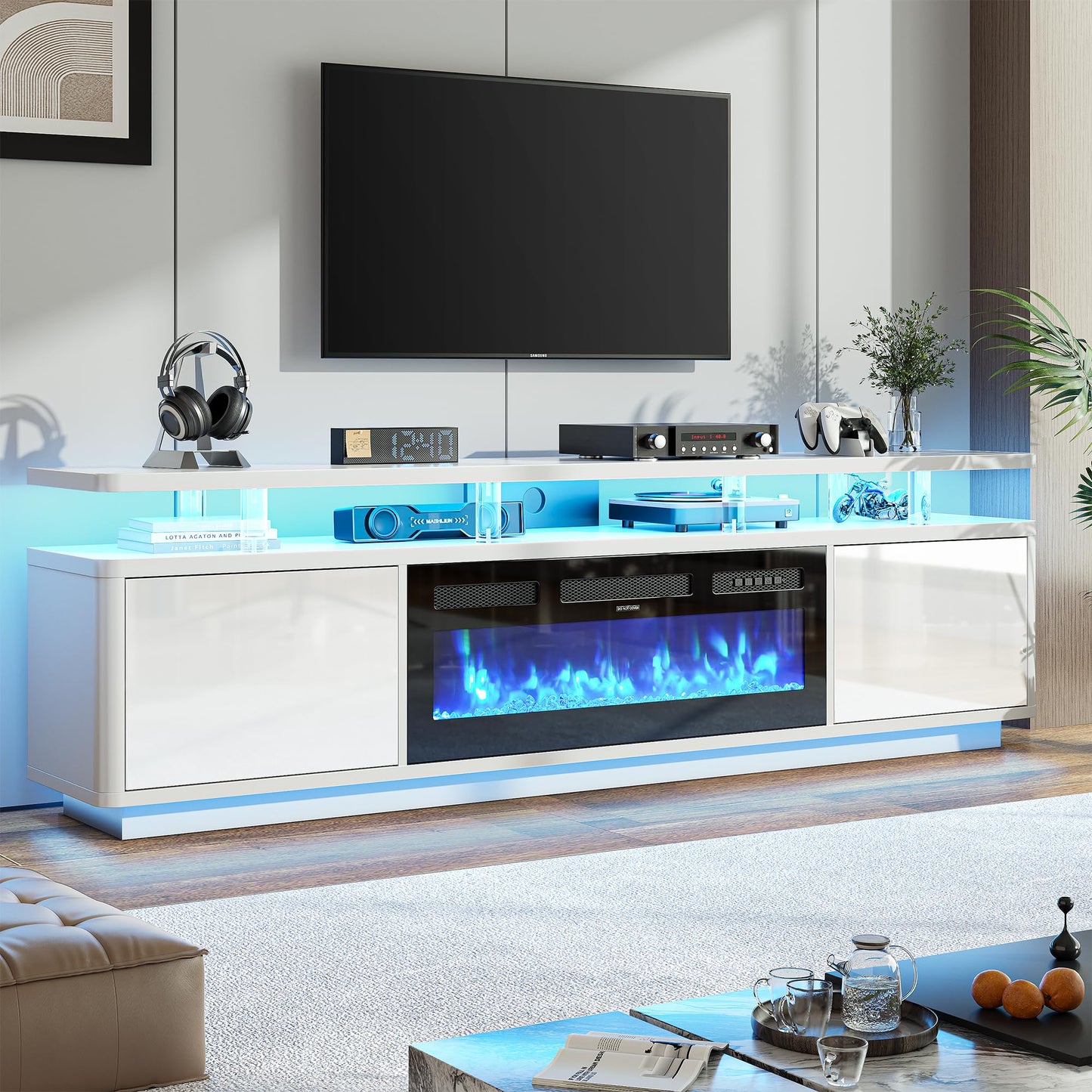 OneBlis 80" Fireplace TV Stand with Double LED Lights for TVs UP to 80", Electric Fireplace Entertainment Center with Storage Cabinets, TV Console for Living Room, Office, White