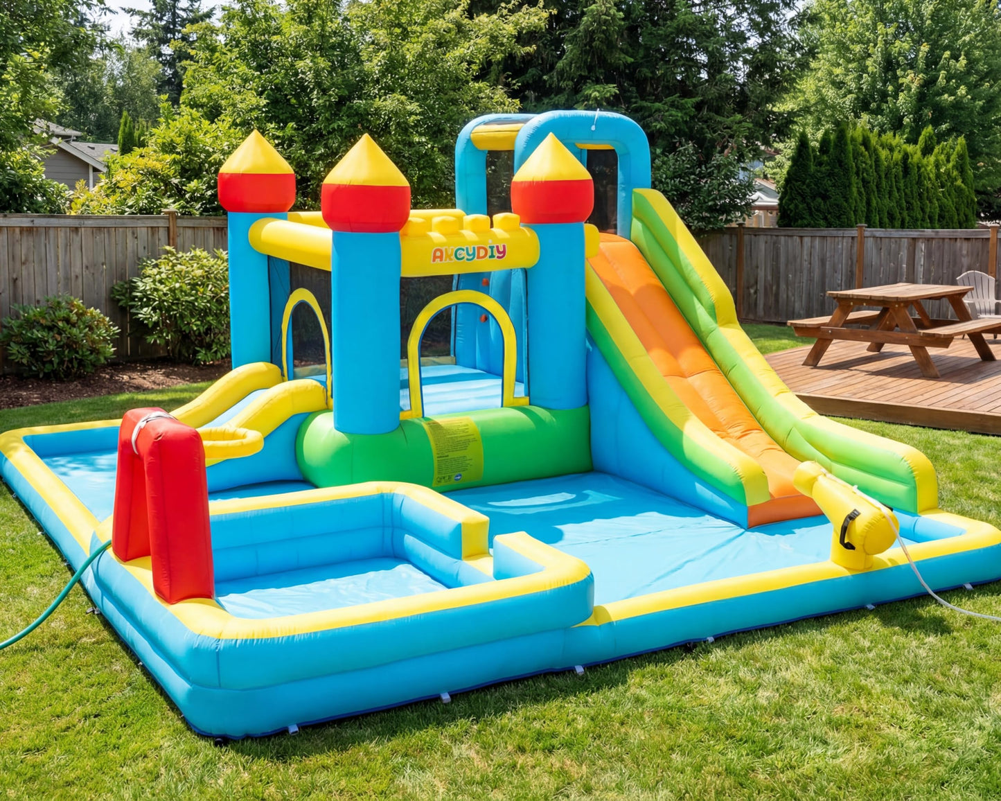 AKEYDIY Water Slide,Outdoor Inflatable Water Slide for Kids,Water Bounce House with Deep Splash Pool,Dual Slide,Big Bounce Area,Water Cannon&Basketball Hoop,Bouncy Castle with 550W Blower for Backyard
