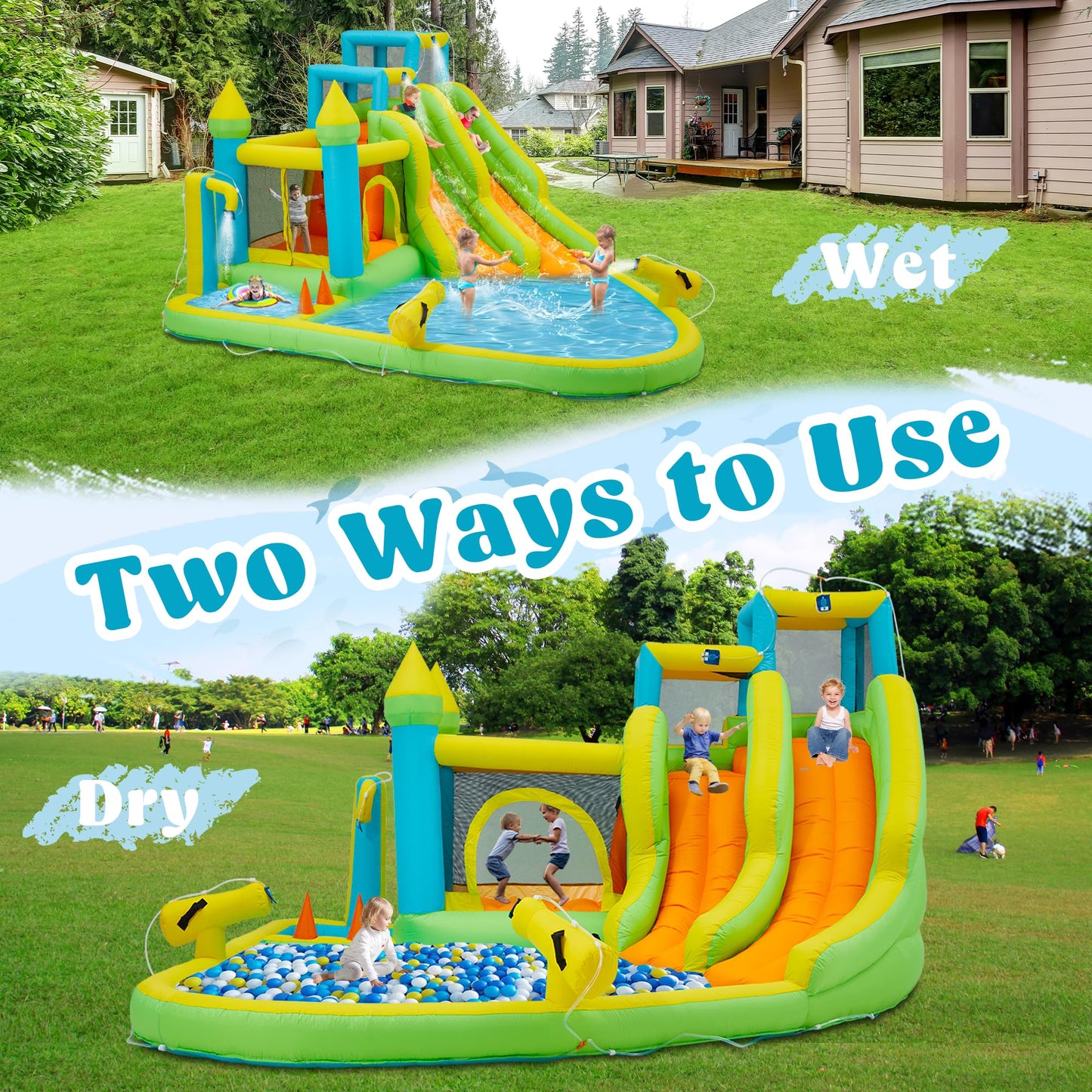 HOMMOW Inflatable Water Slide,10 in 1 Water Park Bounce House for Kids 3-12 with Blower,Splash Pool, 2 Slides, Water Cannon, Climbing Wall,Blow up Water Slides for Kids Outdoor Backyard