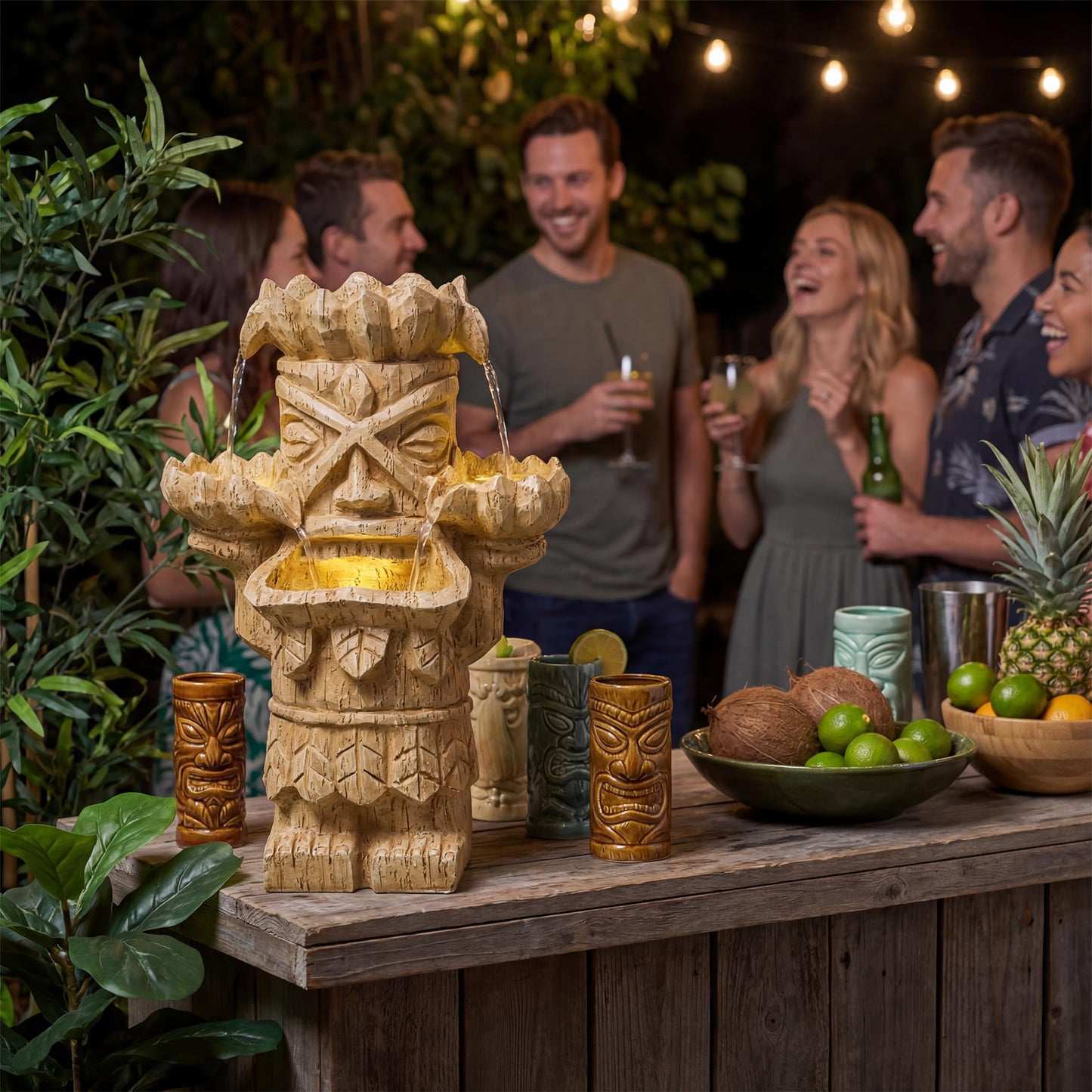 Dalxo 20-Inch Outdoor Water Fountain, 3-Tier Polynesian Tiki Head Resin Waterfall Fountain with 4 Warm LED Lights, Home Art Decor for Garden, Patio, Yard, Deck, Porch, Deck or Lawn in Natural Wood