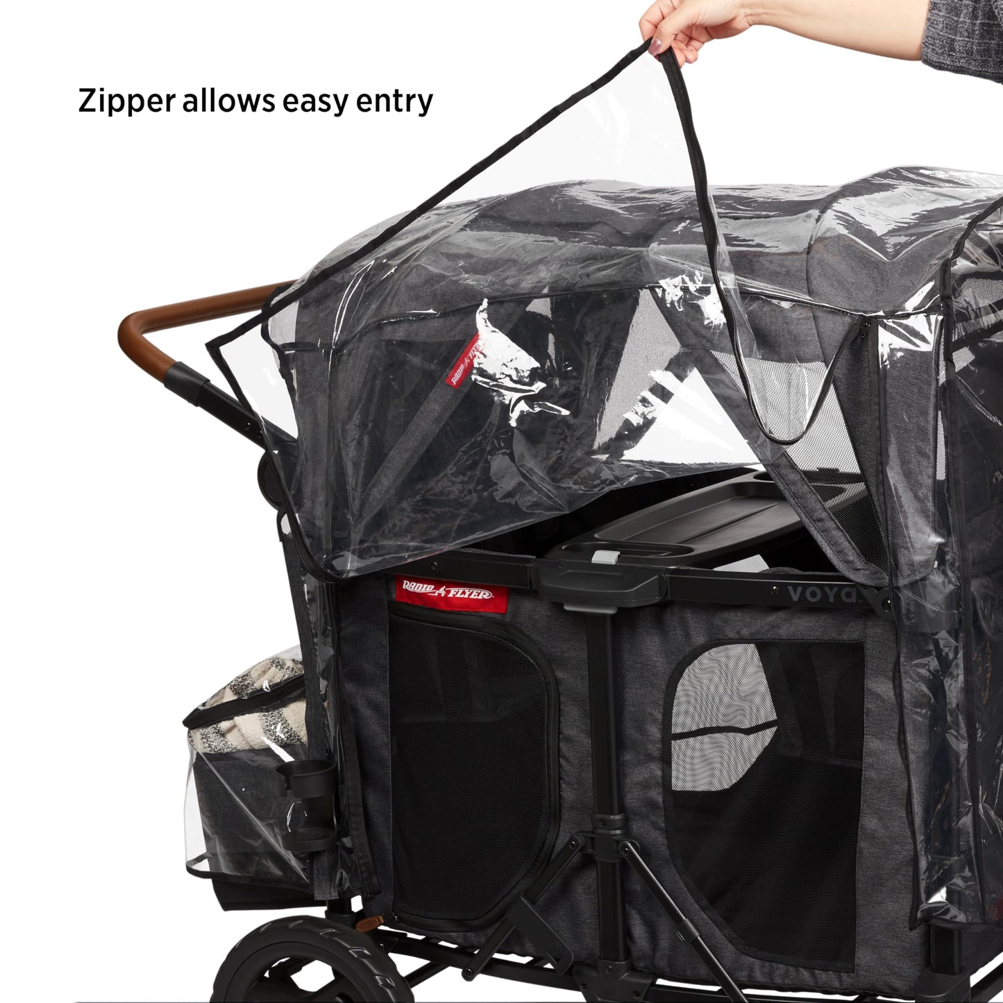 Radio Flyer Voya Quad Stroller Wagon Rain Cover with Storage Bag, Black, Waterproof Stroller Cover for 4-Seater Wagon, Fast-Drying Design, Zippered Side Panel for Easy Access