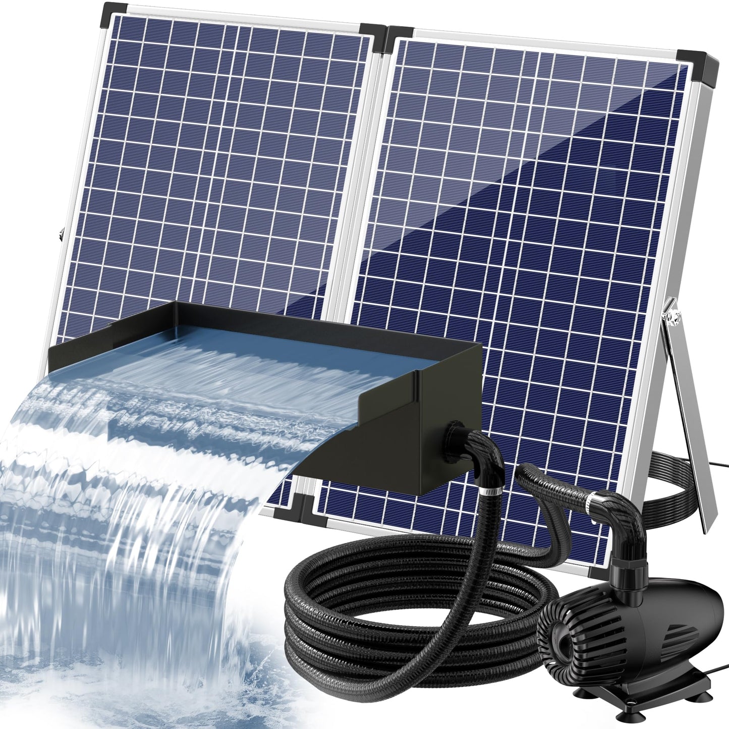POPOSOAP 70W Solar Water Pump with Pond Waterfall Kit, 304 Stainless Steel Pond Waterfall Spillway, Pond Spillway with 9.8FT Corrugated Tubing for Garden Water Features-P5703