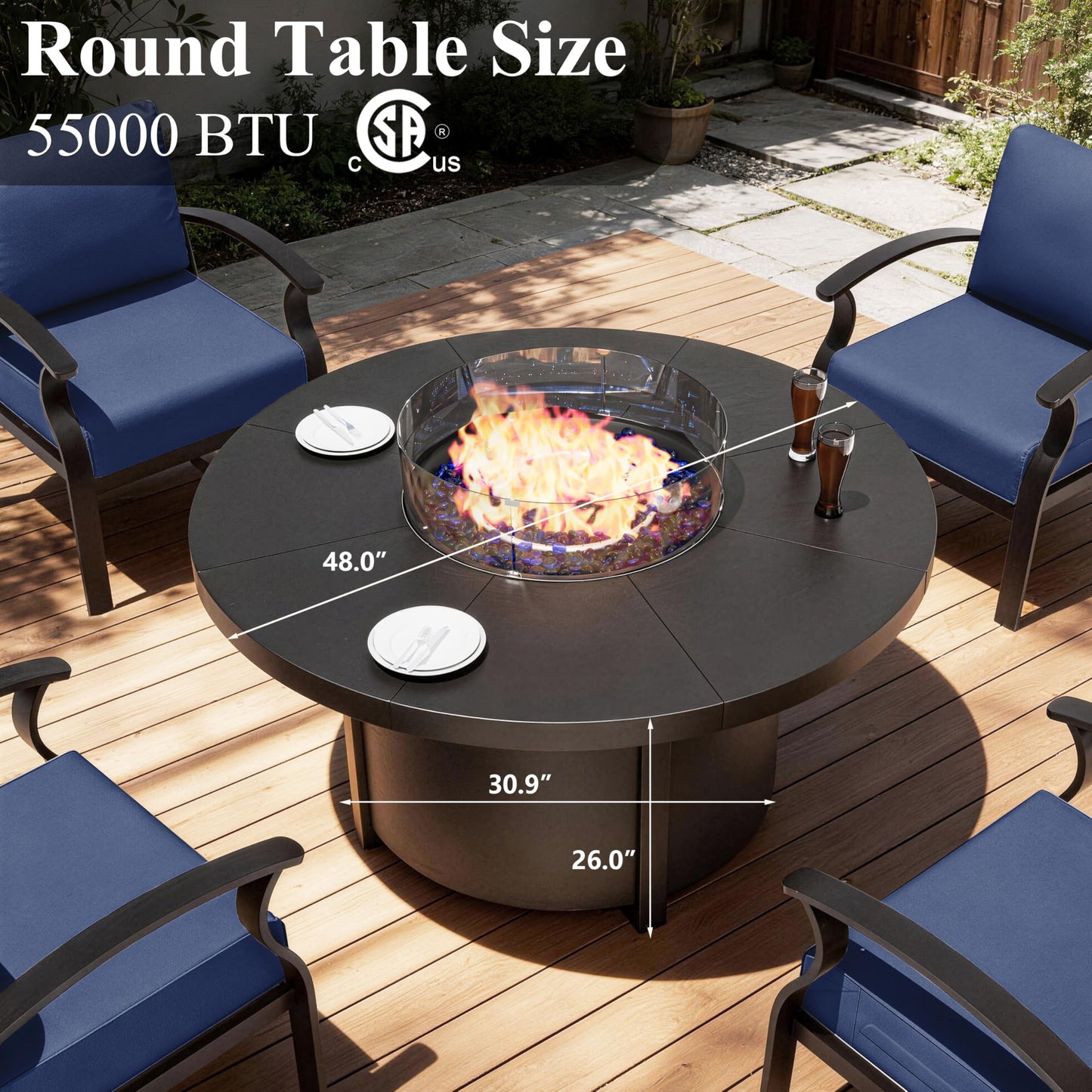 ASJMR 48 Inch Round Propane Fire Pit Table, 55000 BTU Auto-Ignition Gas Fire Pit with Steel Tabletop, Adjustable Flame, Windshield, Lid & CSA Certification for Patio Backyard Garden