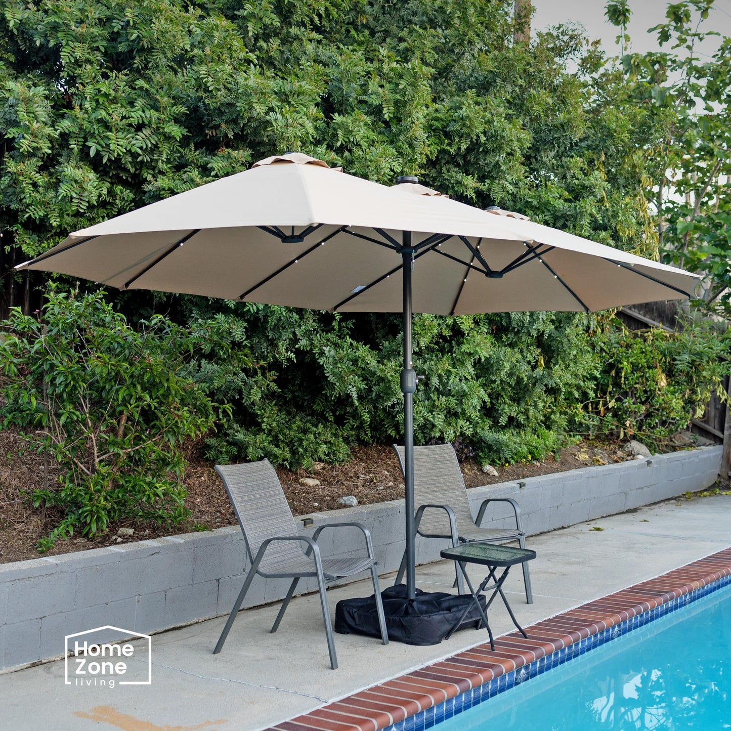 Home Zone Living 15x9 Ft Double Head Patio Umbrella with Base, 36 LED Lights, Sand Bags, UV Resistant & Waterproof, 213 LBS Total Weight, Beige Tan