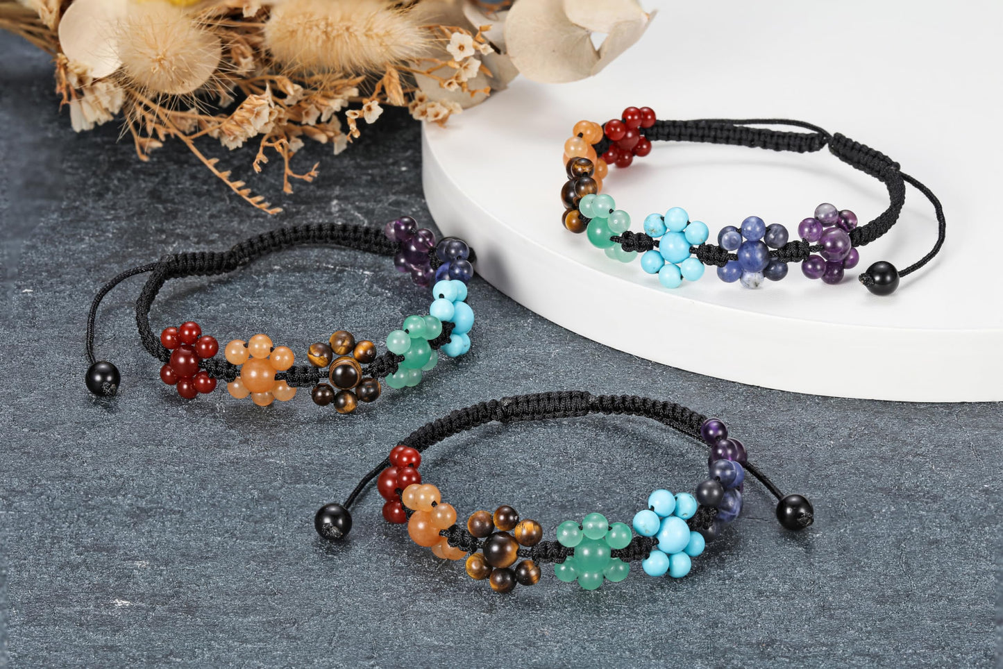 Top Plaza 7 Chakra Stone Healing Crystal Bead Bracelet Flower Natural Gemstone Bracelet Yoga Meditation Relax Anxiety Bracelets for Women