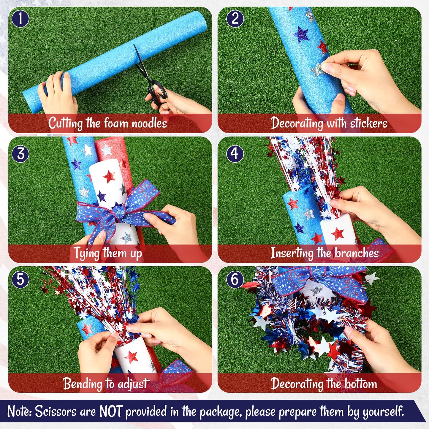 Maasechs 4th of July Foam Firecracker DIY Kits Patriotic Decorations Include Red White Blue Foam Noodles Stars Branches Sticker Ribbon Tinsel Garland for Independence Day Memorial Day Home Party Decor