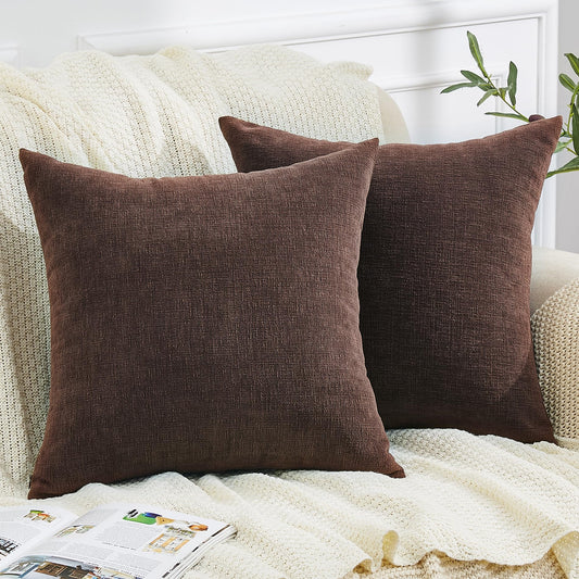 GAWAMAY Decorative Chenille Throw Pillow Covers 26x26 Inch Pack of 2, Soft Square Couch Pillow Cover for Sofa Cushion Living Room Bedroom Solid Dyed Oversized Pillowcases Coffee 66x66cm (ONLY Covers)