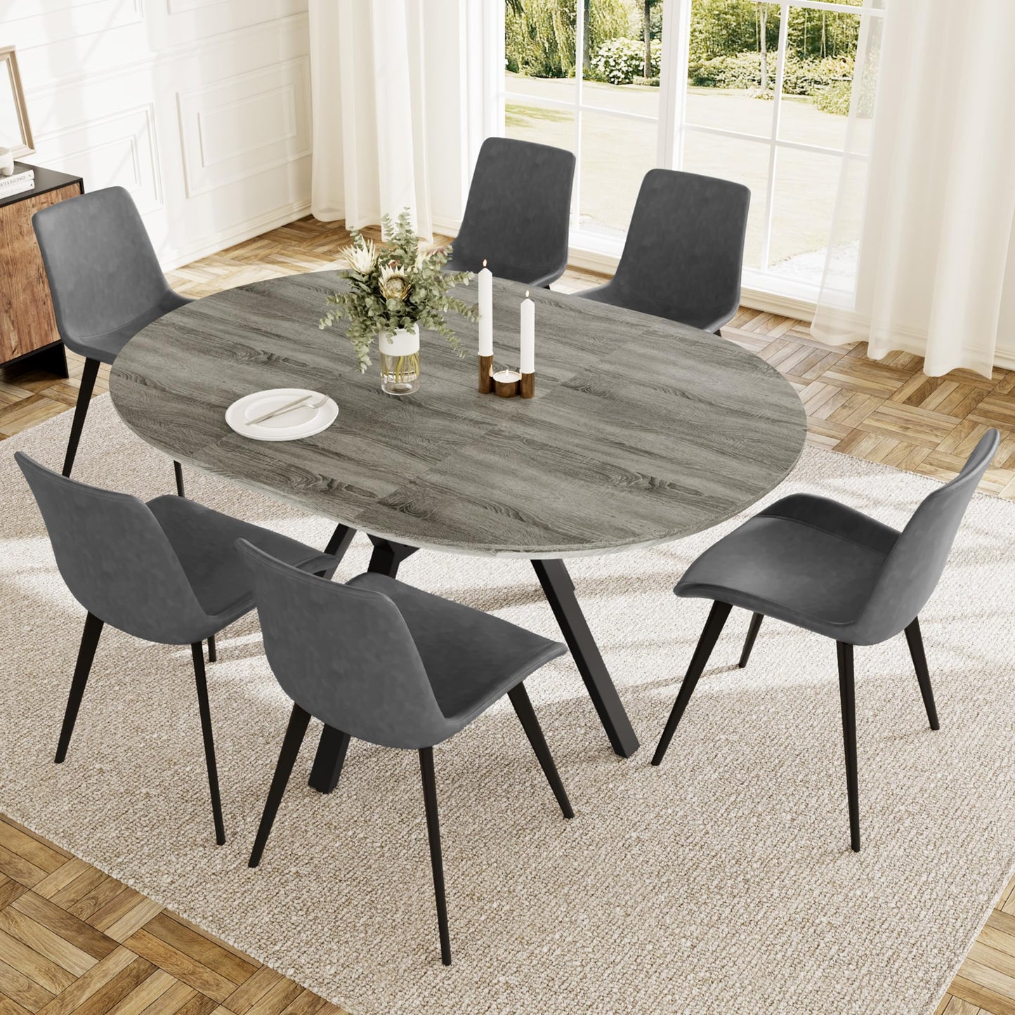 HIPIHOM Extendable Round Dining Table Set for 6 People, 43.3"-59.1" Extendable Kitchen Table with 6 Upholstered Chairs, Space Saving for Kitchen Dining Room (Grey Table+6 Grey Chairs)