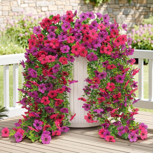 Artificial Hanging Fake Flowers Plants for Outdoor Spring Summer Decoration, 4PCS Faux Silk Daisy Planter Home Porch Patio Balcony Yard Decor Look Real UV Resistant for Indoor Outside(Purple Fuchsia )