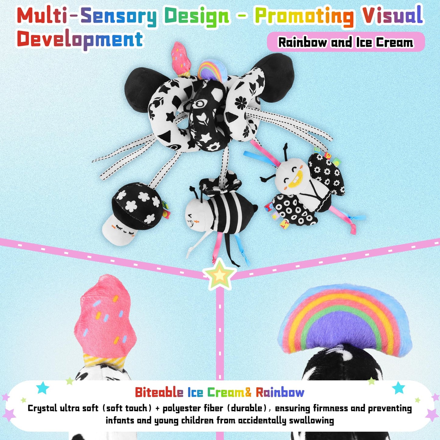Zendstanding Spiral Car Seat Toys for Babies, 0-6 Months Stroller Pram Activity Hanging Toys High Contrast Black and White Sensory Toy, Newborn Soft Plush Travel Toy for Newborn Boys Girls Gift