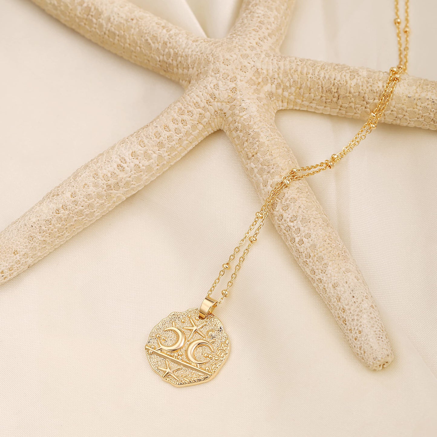 CANEVINKA 18K Gold Plated Moon and Star Medallion Beach Starfish Pendant Necklace for Women Dainty Hammered Coin Bead Chain Necklace 20”
