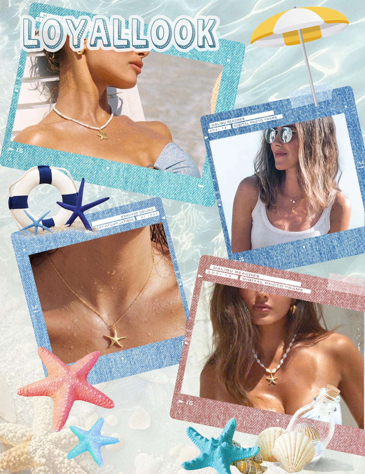 LOYALLOOK Shell Starfish Necklace for Women, 14k Gold Plated Dainty Layered SeaShell Conch Starfish Charm Necklace Stack, Non Tarnish Waterproof Gold Beach Accessories for Summer Vacation 2pcs
