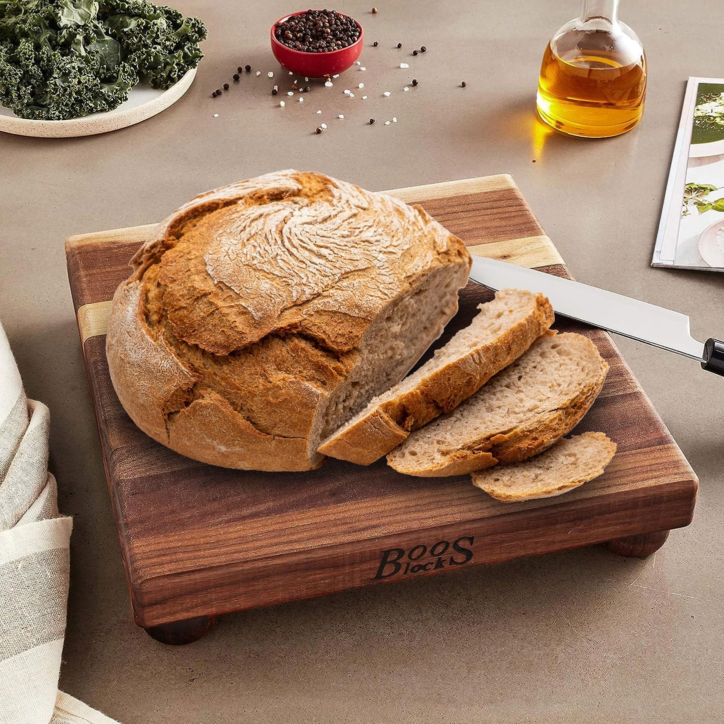 John Boos B Series Square Wooden Walnut Cutting Board 12”x12” – 1.5” Thick, 5-lb Non-Reversible Butcher Block with Wood Bun Feet & Edge-Grain