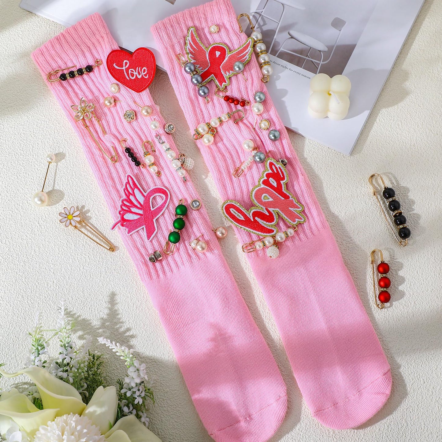 43 Pcs DIY Breast Cancer Socks Charms 2026 Pink Out Day Safety Pin Brooch DIY Kit Pink Ribbon Sock Charms for Women Breast Cancer Awareness Accessories Shoes Pin Brooch for Fundraising Charity Event