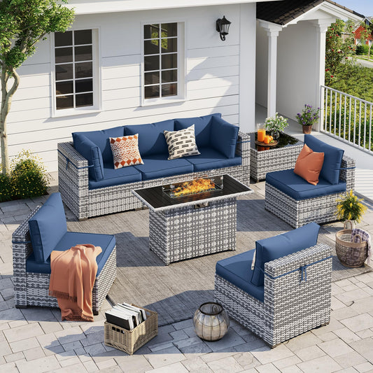 UDPATIO Patio Furniture Set with Fire Pit Table, 8 Pieces Outdoor Sectional Sofa, PE Wicker Patio Conversation Set for Garden, Backyard (Blue Cushions with Grey Rattan)