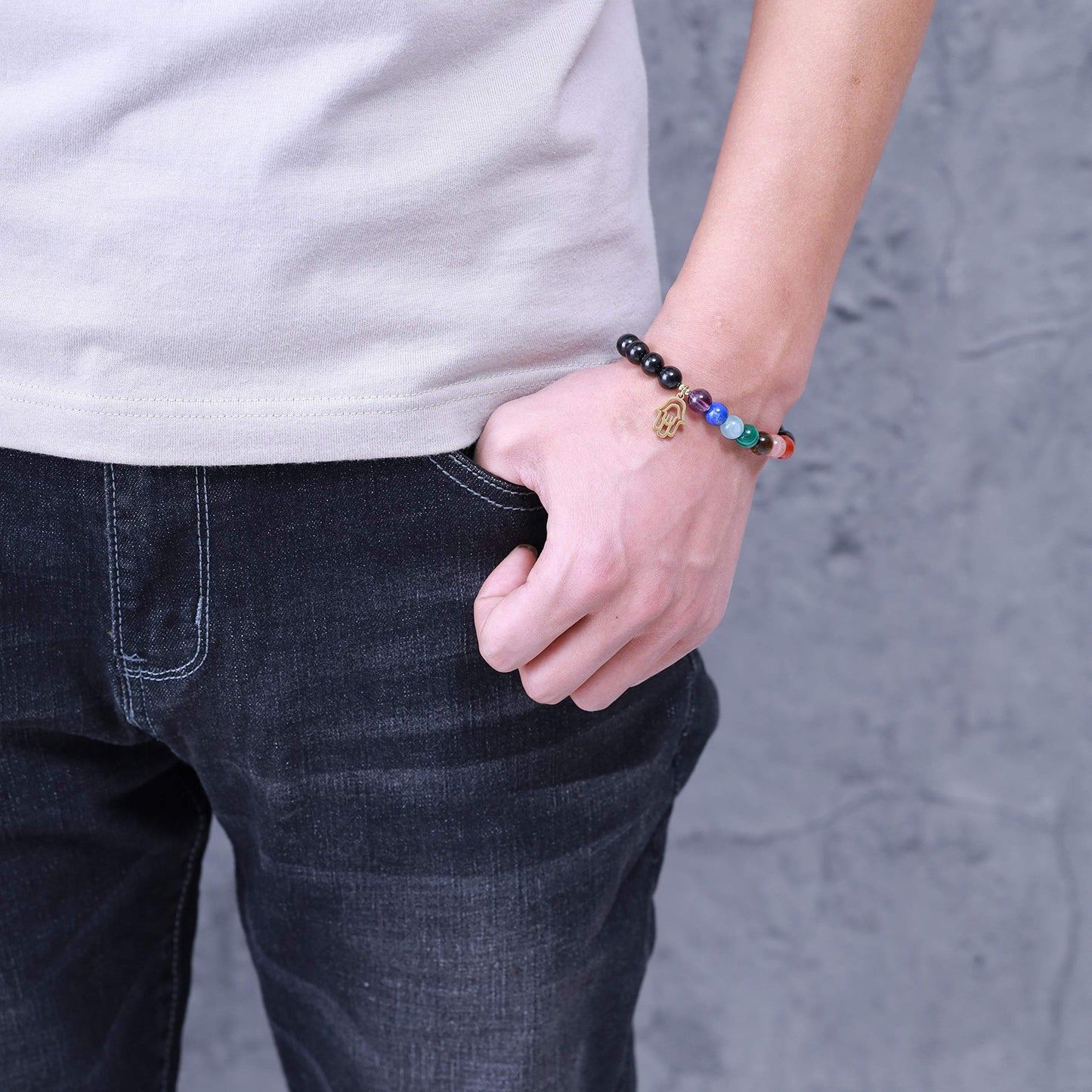 COAI Hamsa Hand Bracelet 7 Chakra Balancing Bracelet Black Tourmaline Bracelet for Women Men
