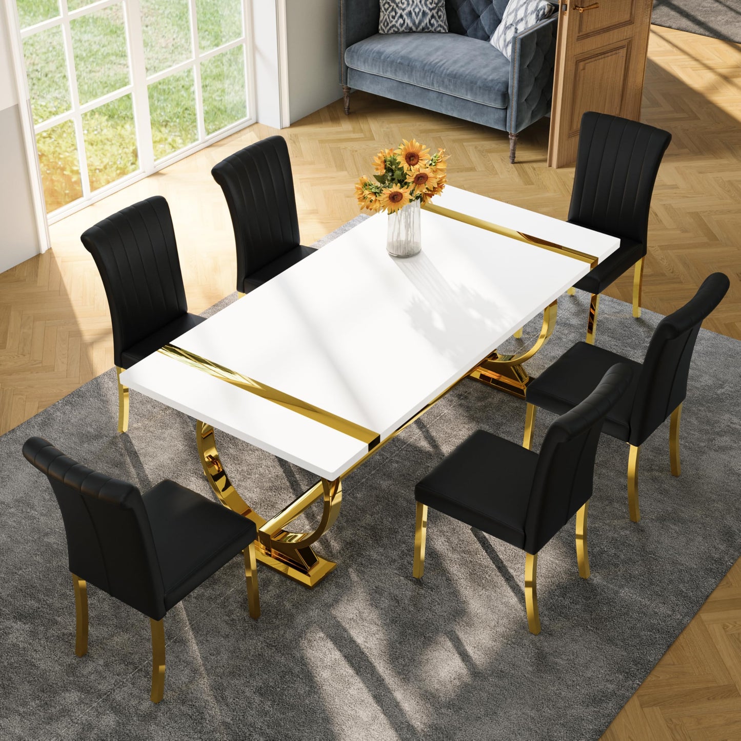 Asday Dining Table Set with 6 Chairs PU Upholstered, 80 Inch White Dining Table Polished Gold U Shape Legs, Modern Rectangle Dinner Table Set for Kitchen