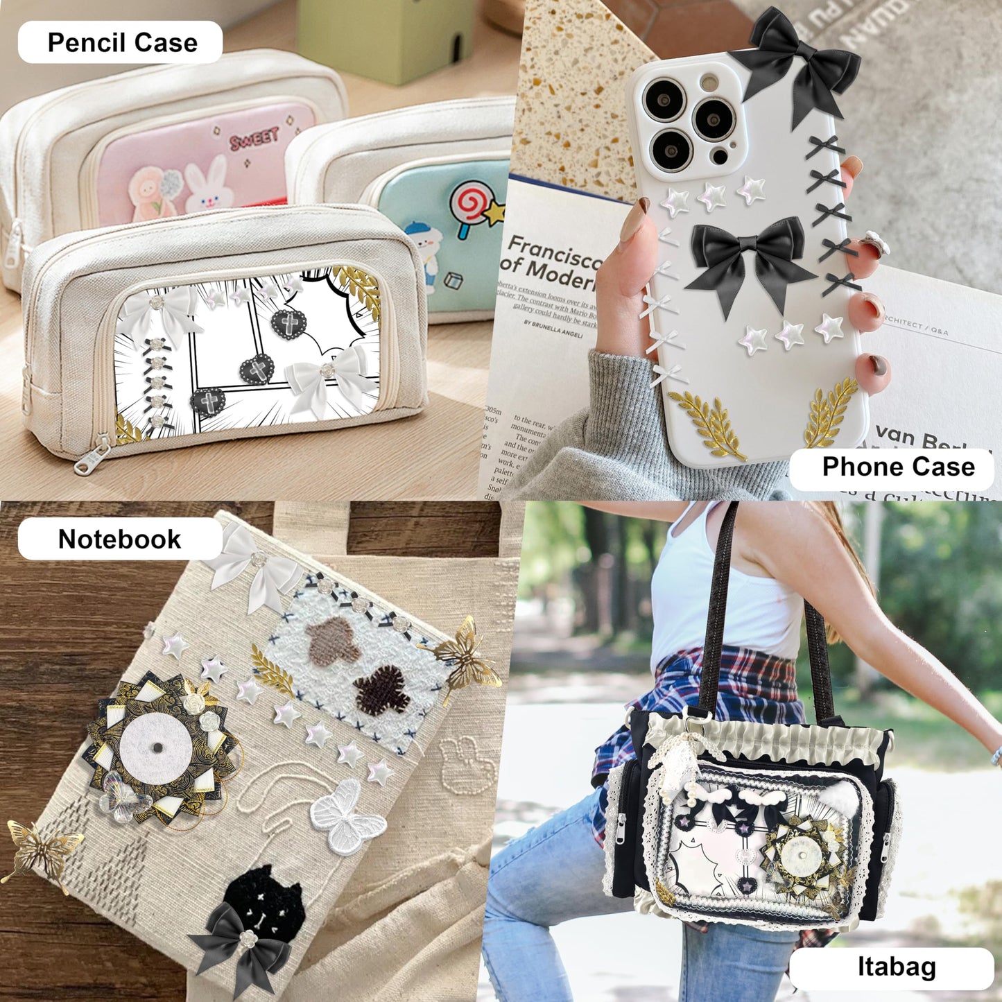 85 Pcs DIY Ita Bag Accessories with Insert Panels,Ribbons,Ita Bag Decor with Bows, Wings, Hearts, Stars, Pom-Pom, Making Supplies for Handicraft Enthusiast, Celebrity Fan, Anime Fan (Black)