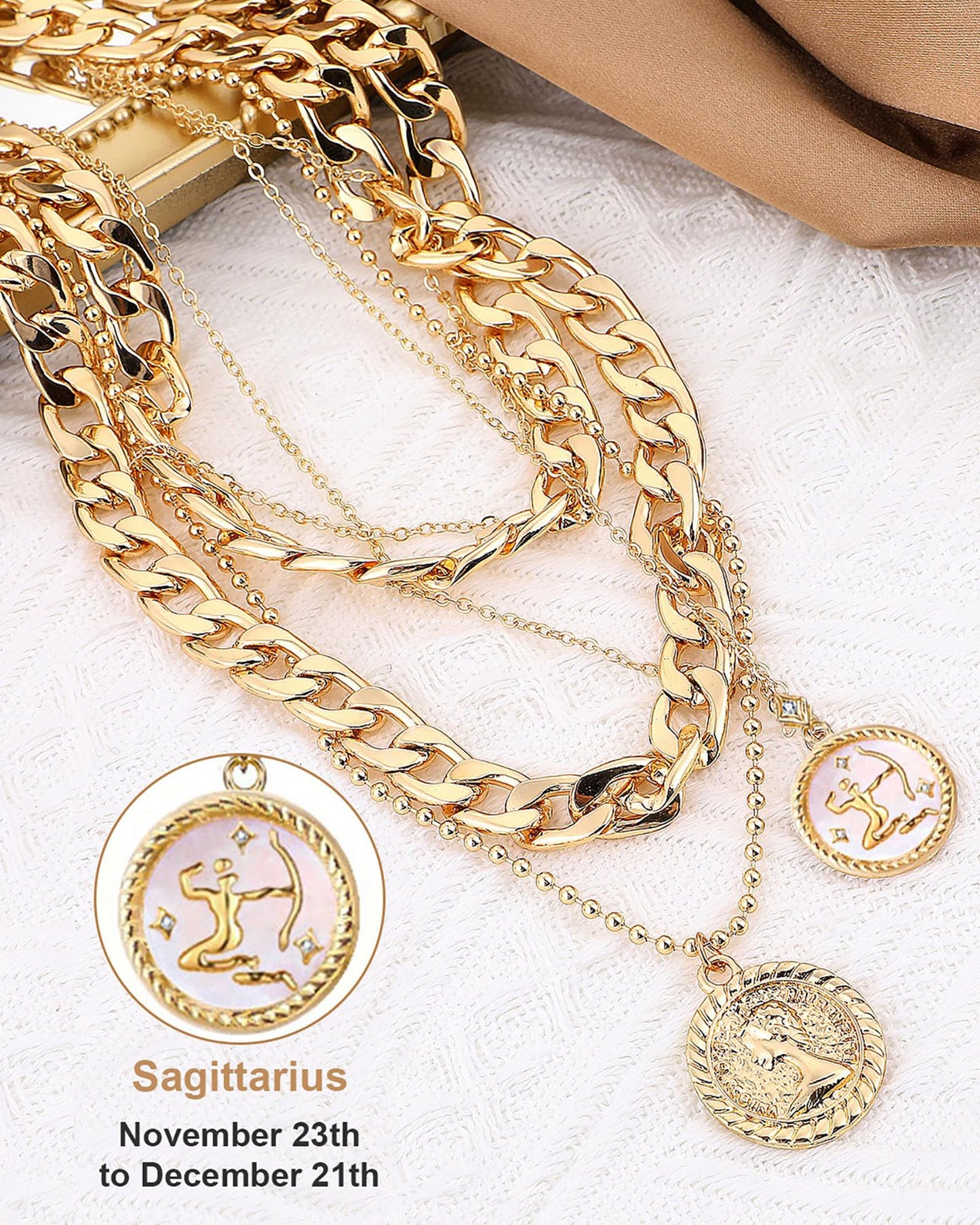 MJartoria Gold Layered Necklaces for Women Trendy Retro Coin Pendant Necklace Dainty Chunky Chain Choker Necklaces for Jewelry Birthday Gifts (Gold, Zodiac-Sagittarius-3PCS Layered)