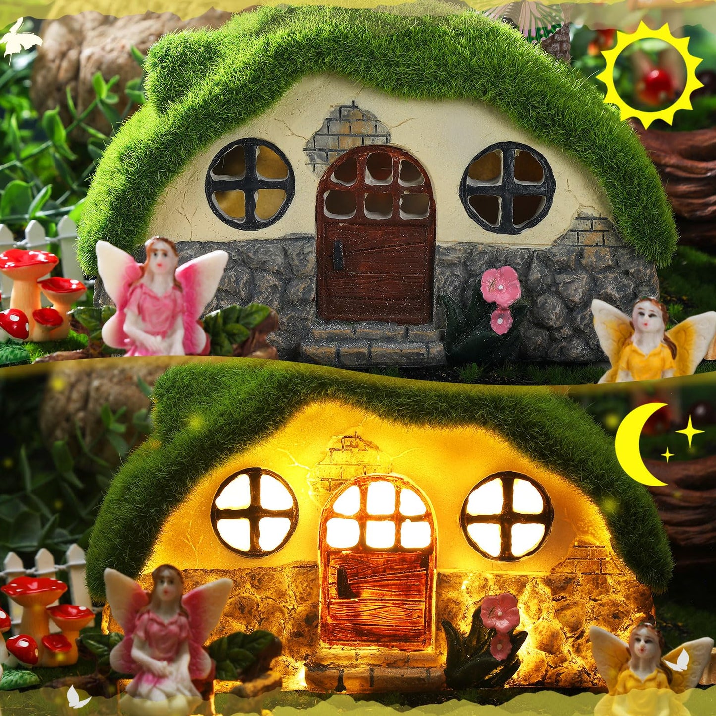 Roowest 57 Pcs Solar Fairy House Garden Accessories Kit Light up Mushroom House Resin Fairy Village Figures Garden Resin Miniature Fish Pond Figures Micro Landscape Outdoor Decorations