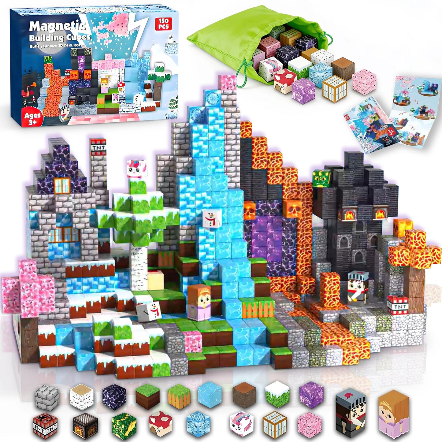 Va Health Magnetic Blocks | 150PCS Minecraft Magnetic Building Blocks, Storage Bag Included, STEM Toys for Kids Ages 3+, Magnetic Blocks for Kids Ages 4-8, Birthday Gifts for Boys and Girls