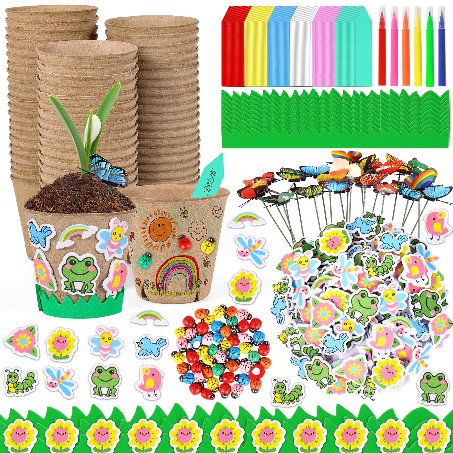 Aweyka 60 Pack Garden Paper Pot Craft Kit Flower Plant Spring Summer Craft with 50 Adhesive Foam Stickers 60 Paper Mache Pots Label Pens, Flower Planting Growing Kit Science Garden Gift