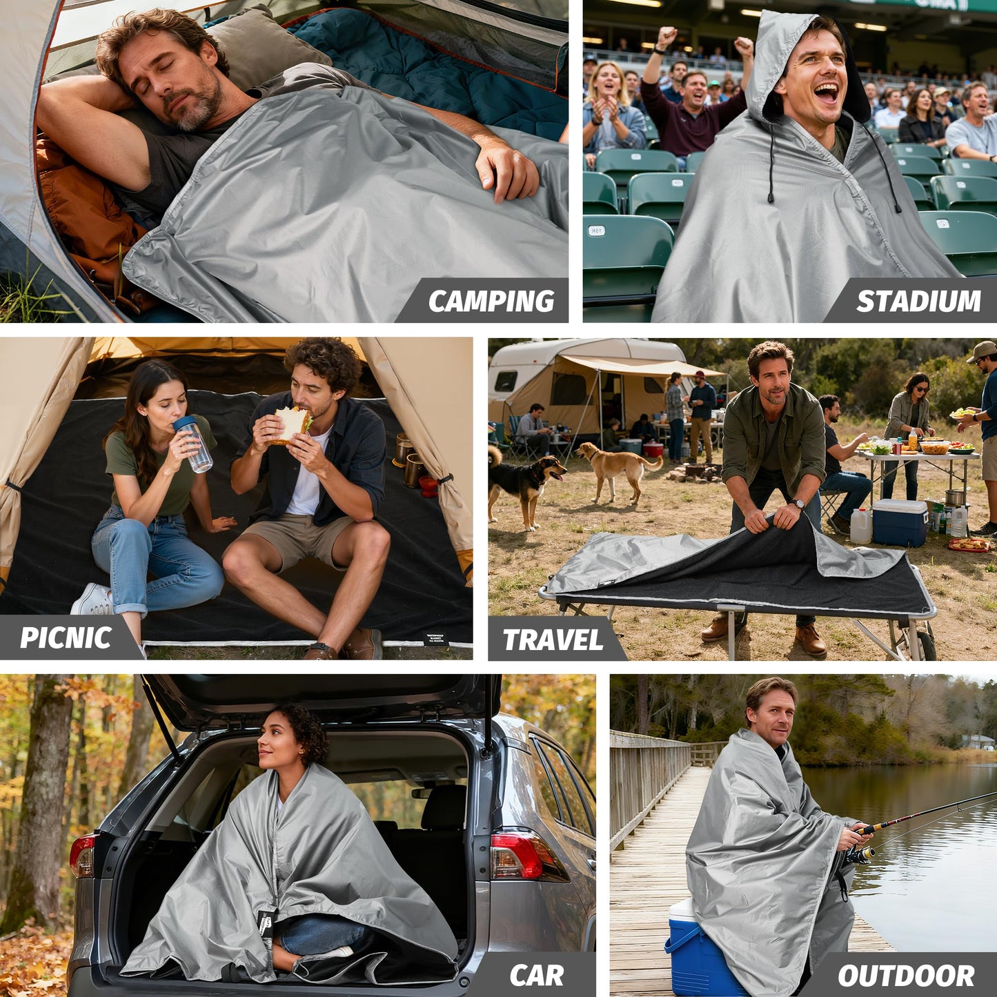 KawaGebo Kamp Fleece Waterproof Outdoor Blanket - Windproof Stadium Blanket for Camping, Picnics, and Sports Stay Dry and Comfortable 80"x 58"(Hoodeed, Gray)