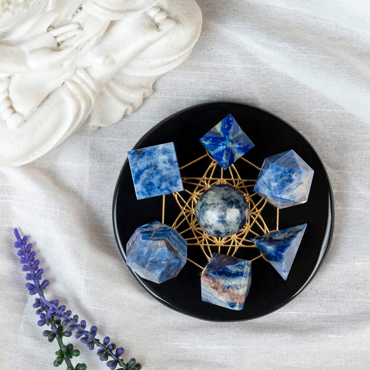 Crocon Sodalite 7Pcs Platonic Solids Crystal Geometry Set, Platonic Solids Sacred Geometric Stones for Meditation Reiki Balancing Healing Chakra Stone Cleansing Spiritual Good Luck (15-20 mm)