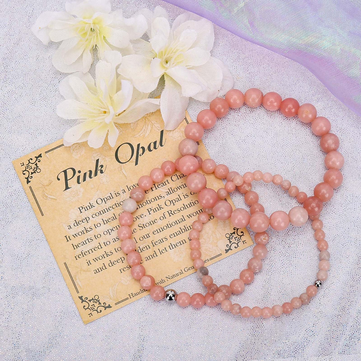 BONNY BOXX 6mm Natural Stretch Pink Opal Bracelet for Unisex, Handmade Elastic Healing Crystal Gemstone Bracelet Yoga Stress Relief Gift for Men Women